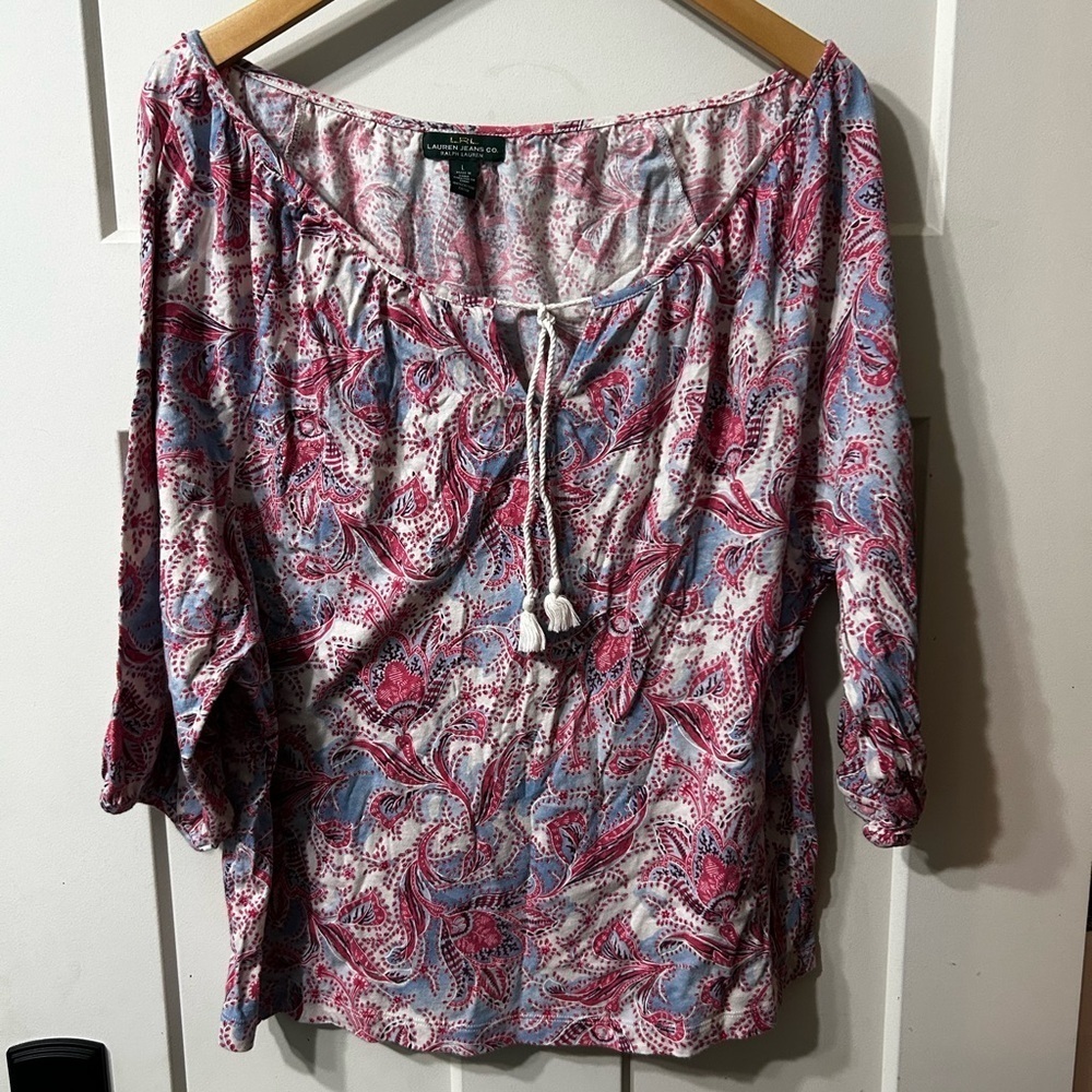 Ralph Lauren LRL Jeans Pink & Blue Paisley Blouse boho Tassel Peasant style